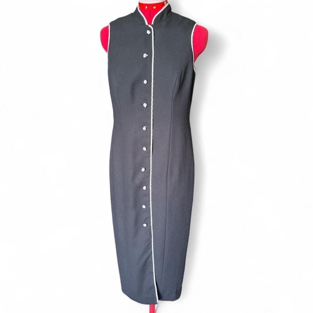 Maggy London Vintage Black White Trim Button Front Midi Sheath Dress 8 Petite